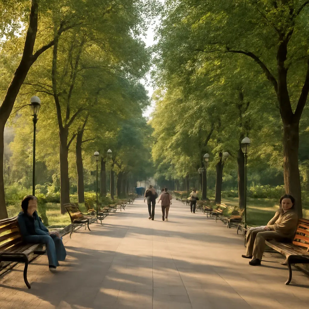 Городской парк Донецка с аллеями, скамейками и прогуливающимися людьми в тёплый день