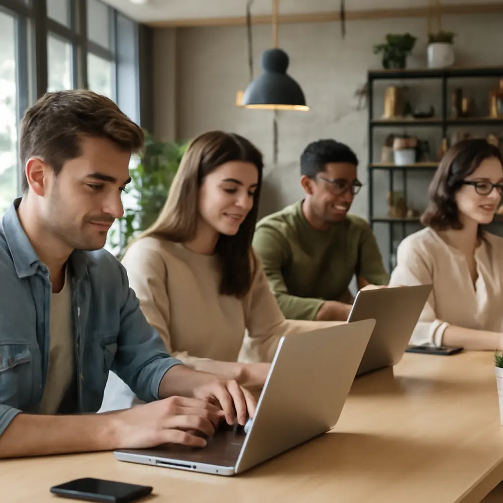 Молодые люди в современном коворкинге Донецка работают за ноутбуками