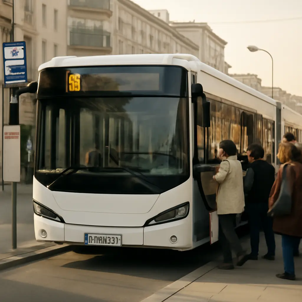 Современный городской автобус на остановке в Донецке с пассажирами