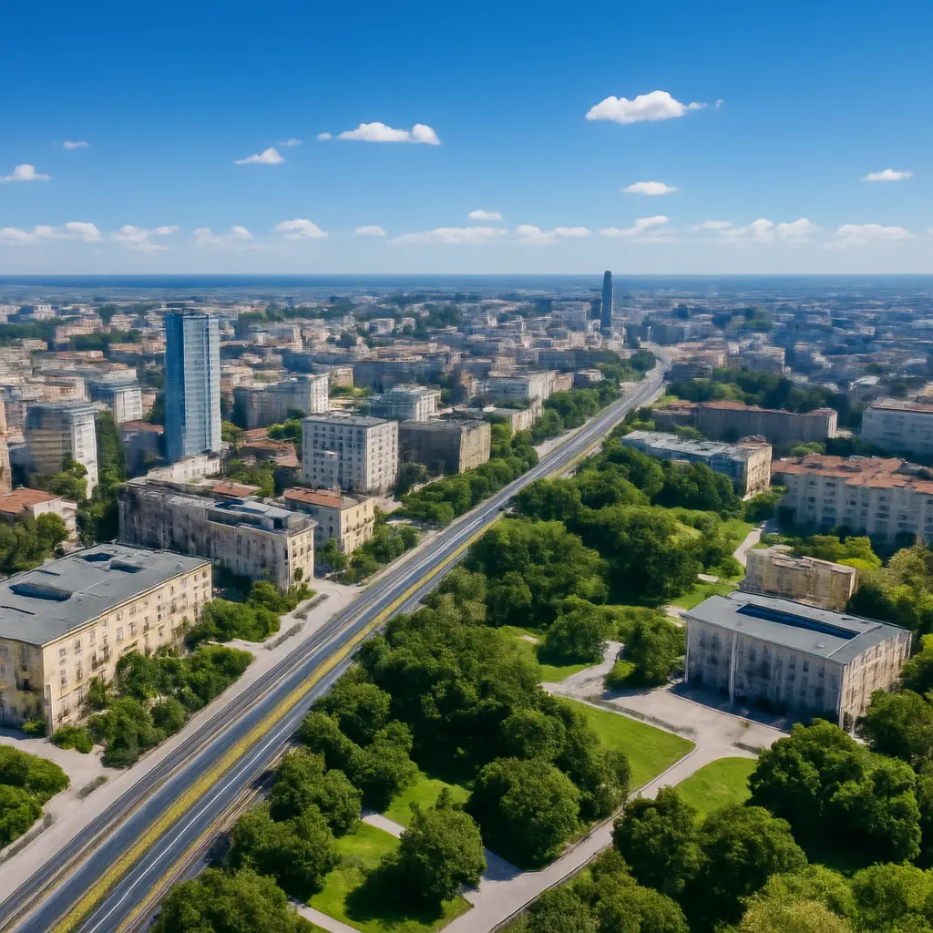 Панорамный вид на город Донецк с высоты, современные здания и зелёные зоны