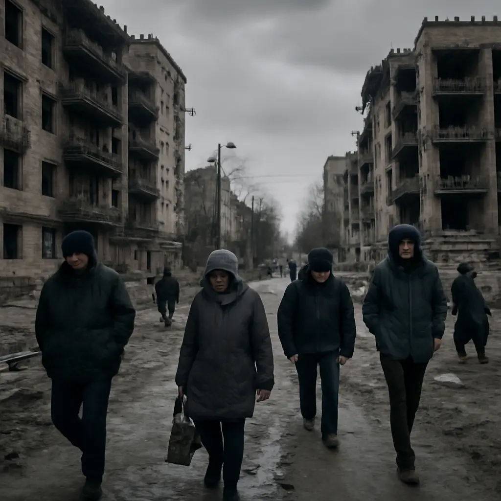 Жители Донецка на улице среди повреждённых зданий в пасмурный день