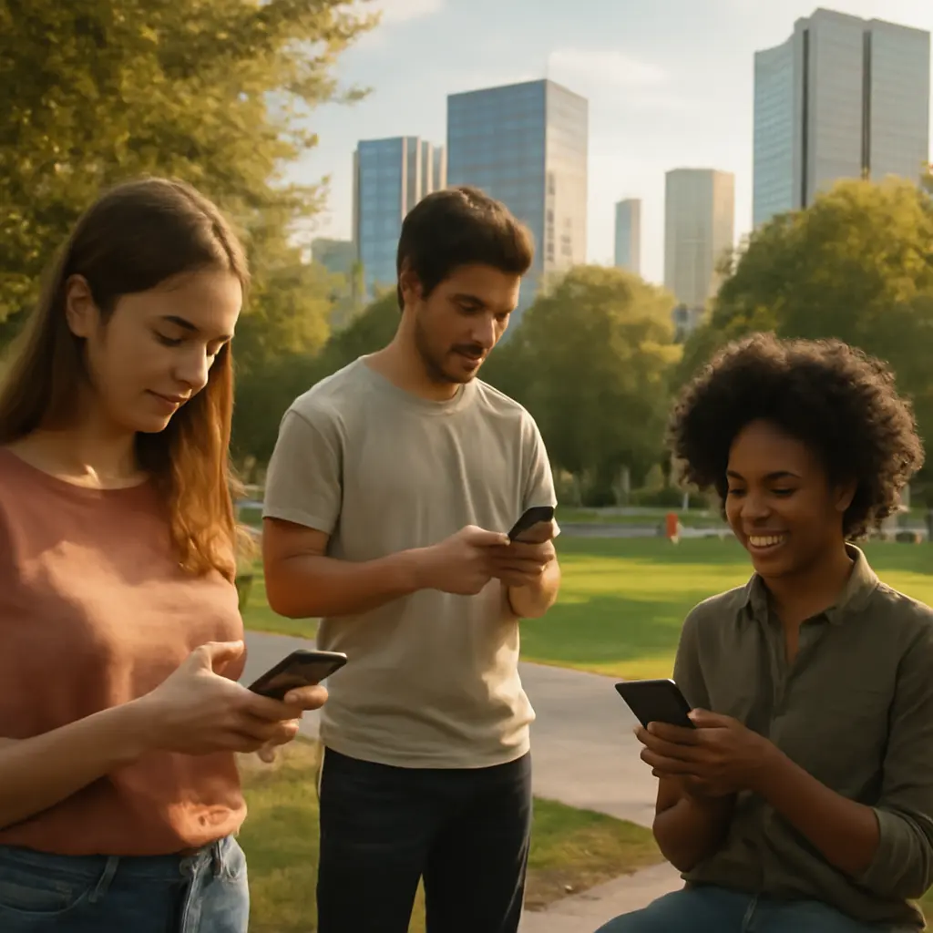 Жители Донецка в парке со смартфонами, городская среда и зелёные зоны