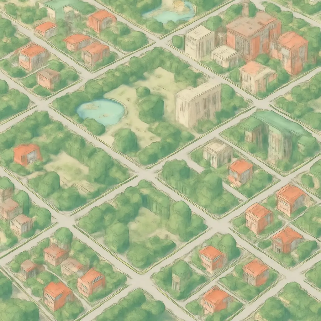 Схематичное изображение городских кварталов Донецка с жилыми домами и парковыми зонами