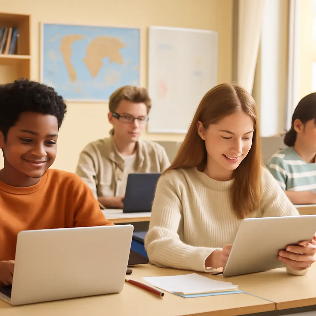 Школьники и студенты Донецка за компьютерами в современном учебном классе