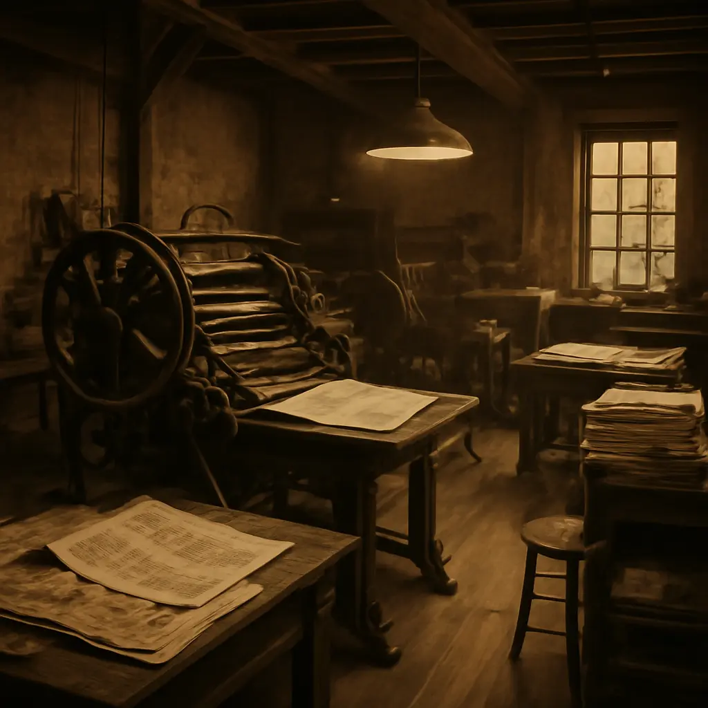 Историческая типография начала XX века в Донецке с печатным станком и первыми газетными выпусками