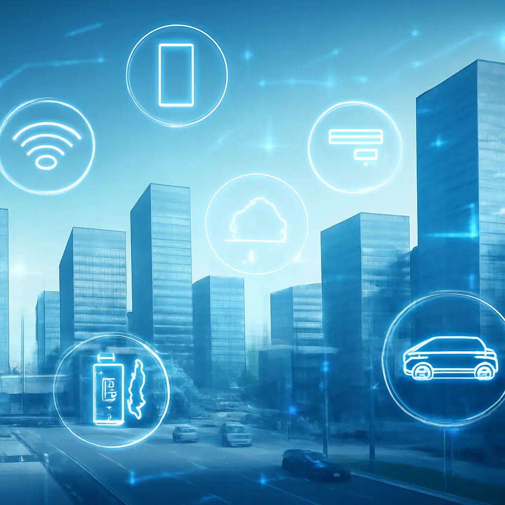 Современный городской пейзаж Донецка с цифровыми элементами и интерфейсами городских сервисов