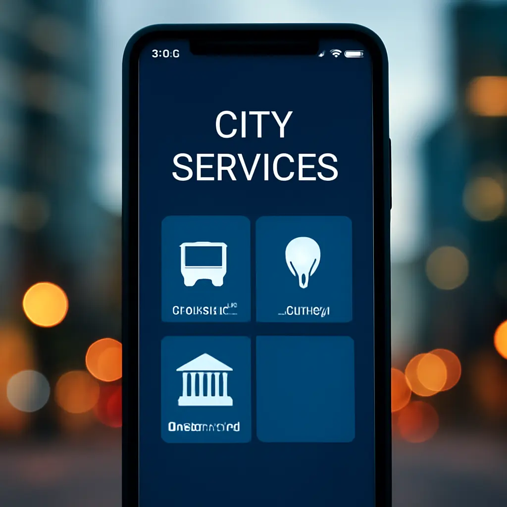 Смартфон с интерфейсом цифрового городского сервиса на фоне городского пейзажа Донецка