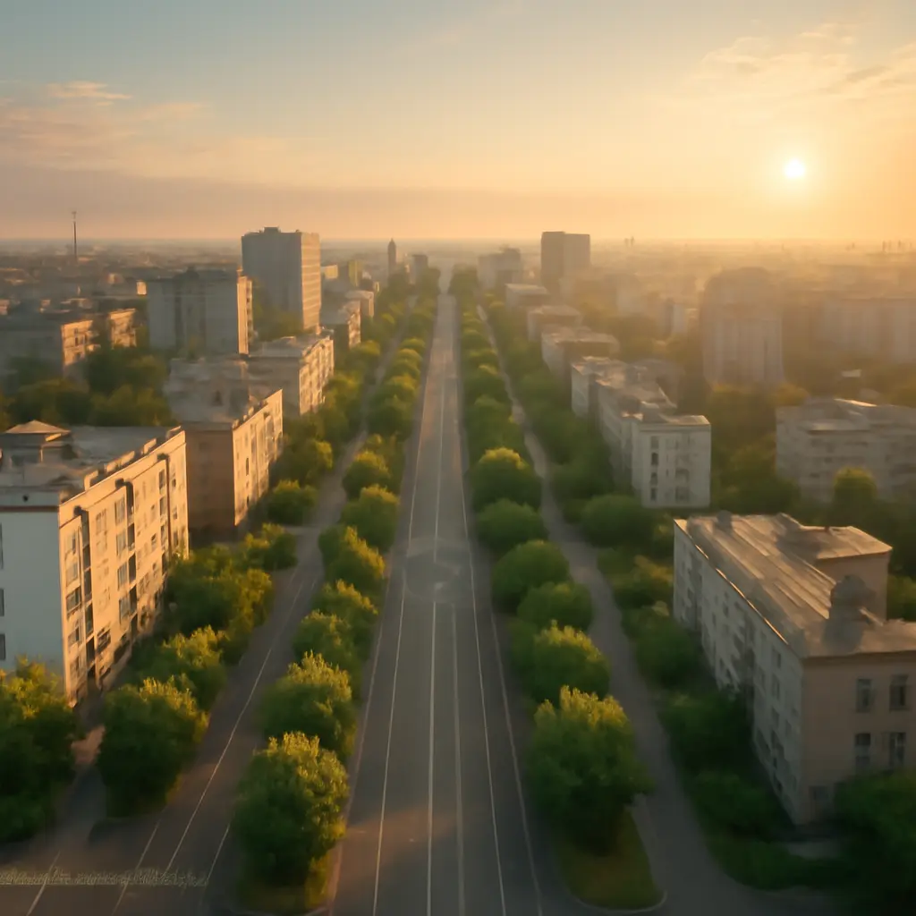 Панорамный вид на утренние улицы Донецка с характерной городской архитектурой и зелёными аллеями
